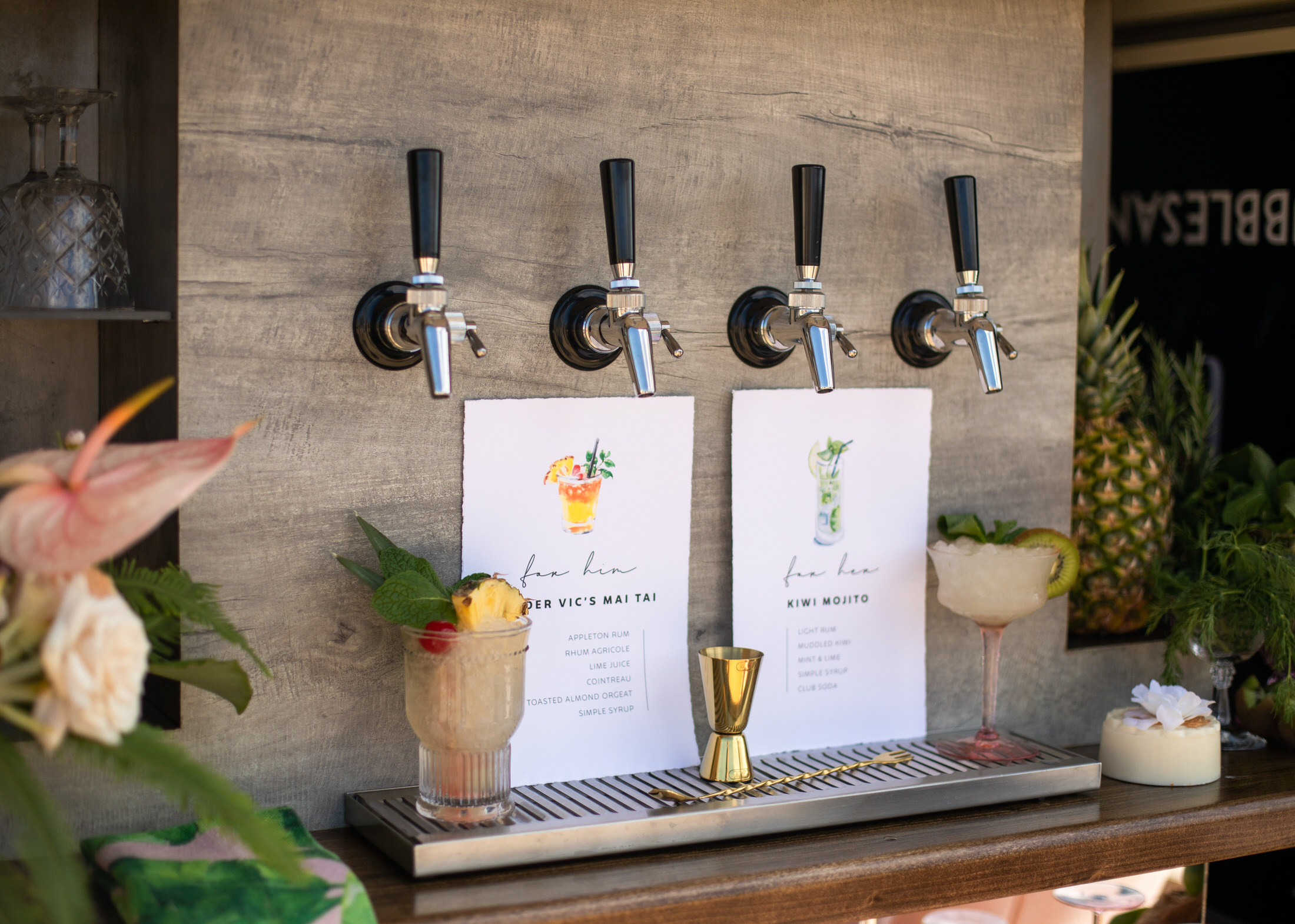 Signature cocktails at a tropical themed wedding.
