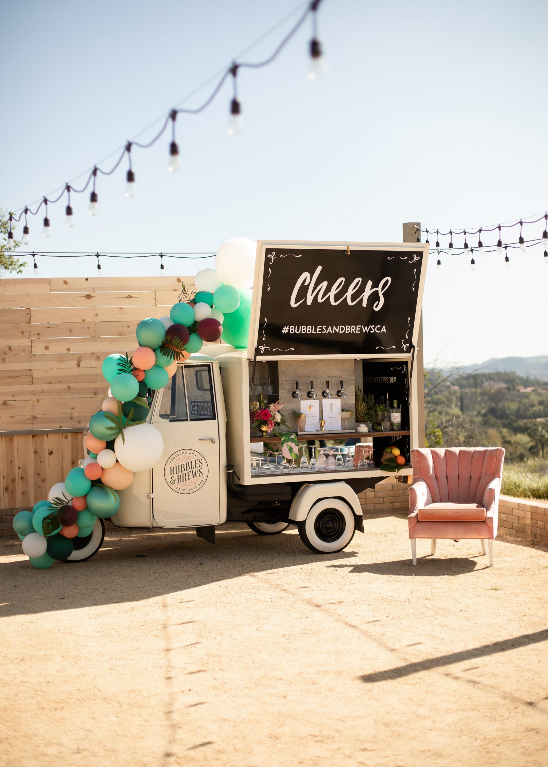 Bubbles and Brews, prosecco and craft beer bar signature cocktails during a tropical wedding in Temucula, CA.
