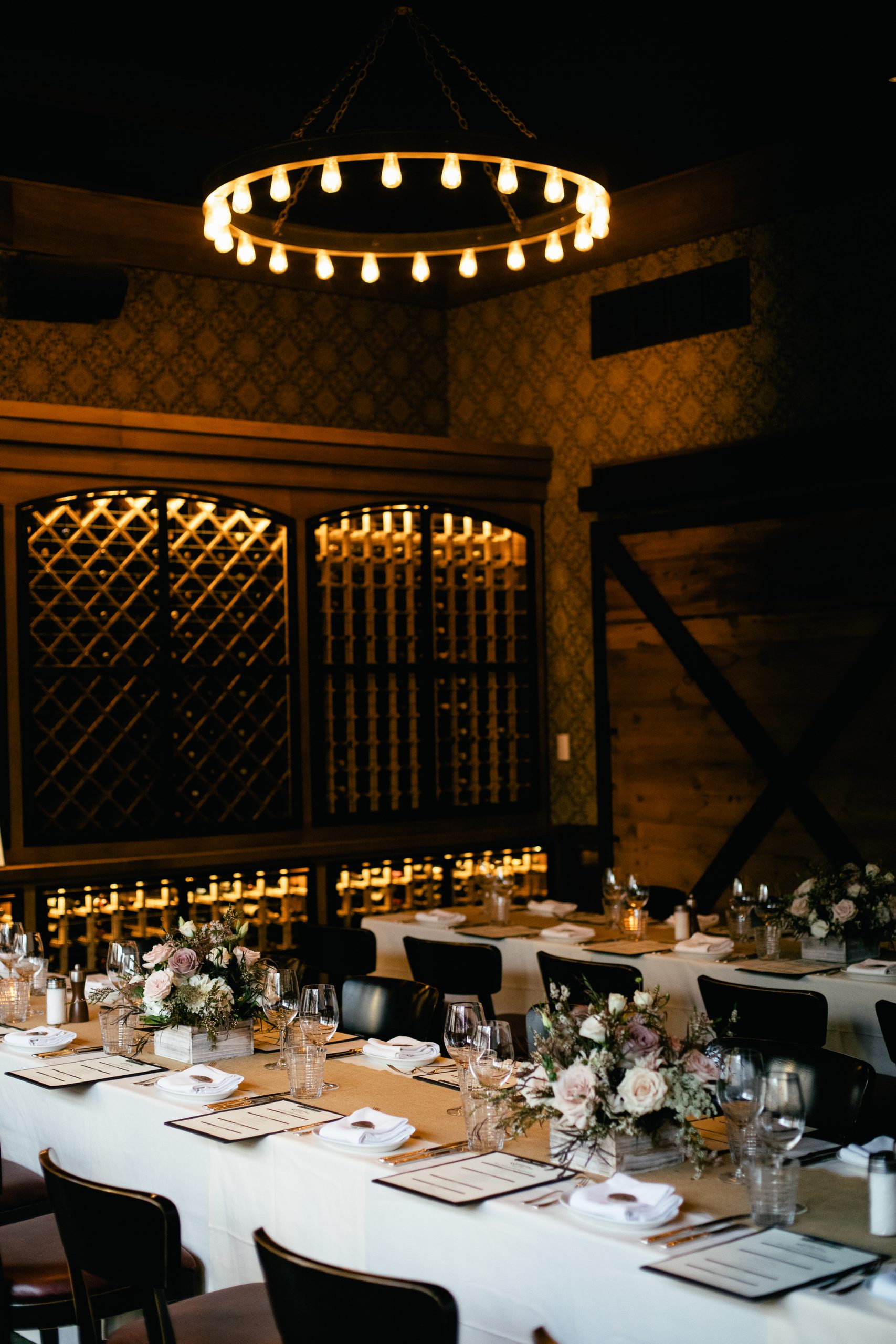 Moody wedding reception in a private room.