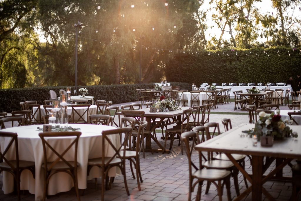 A wedding reception at sunset.