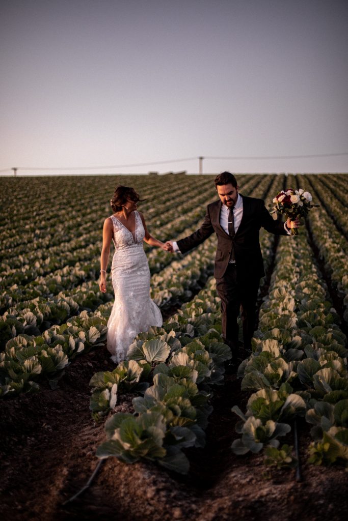 Bride and groom portraits at sunset.