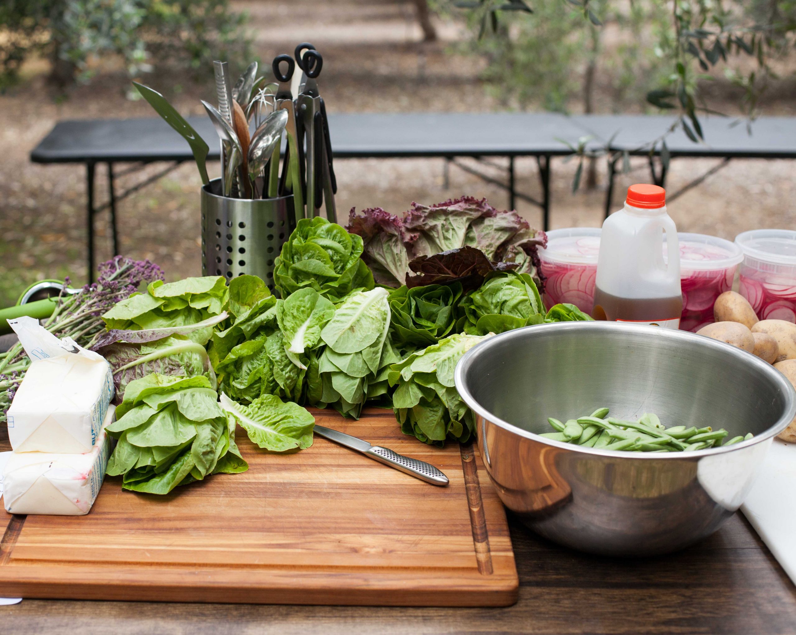 outdoor kitchen prepping table for salad