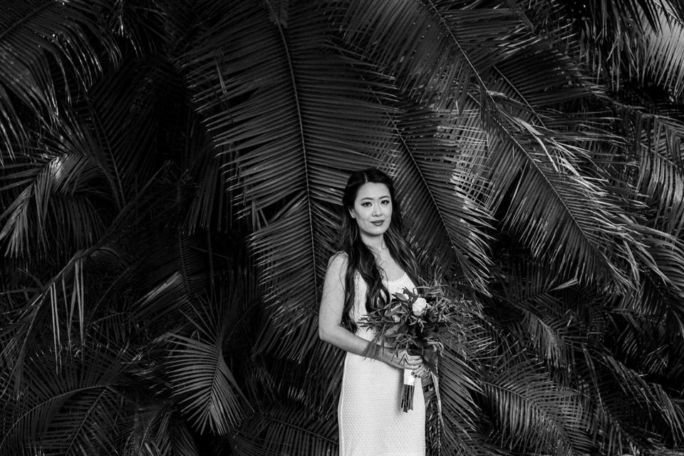 A bride and palm trees.