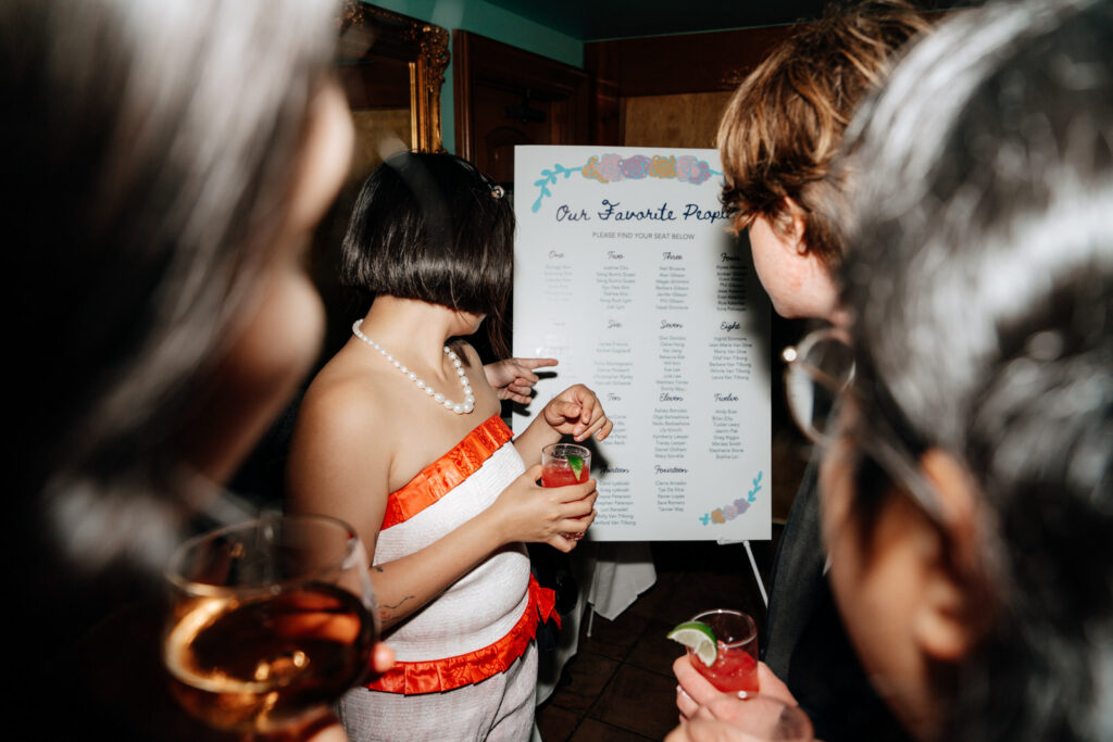 Guests reviewing the seating chart before dinner